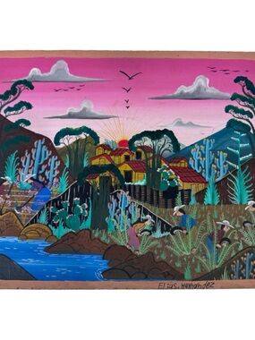 Signed Elias Hernandez Mexican Folk Art Painting on Masonite Landscape 10x12